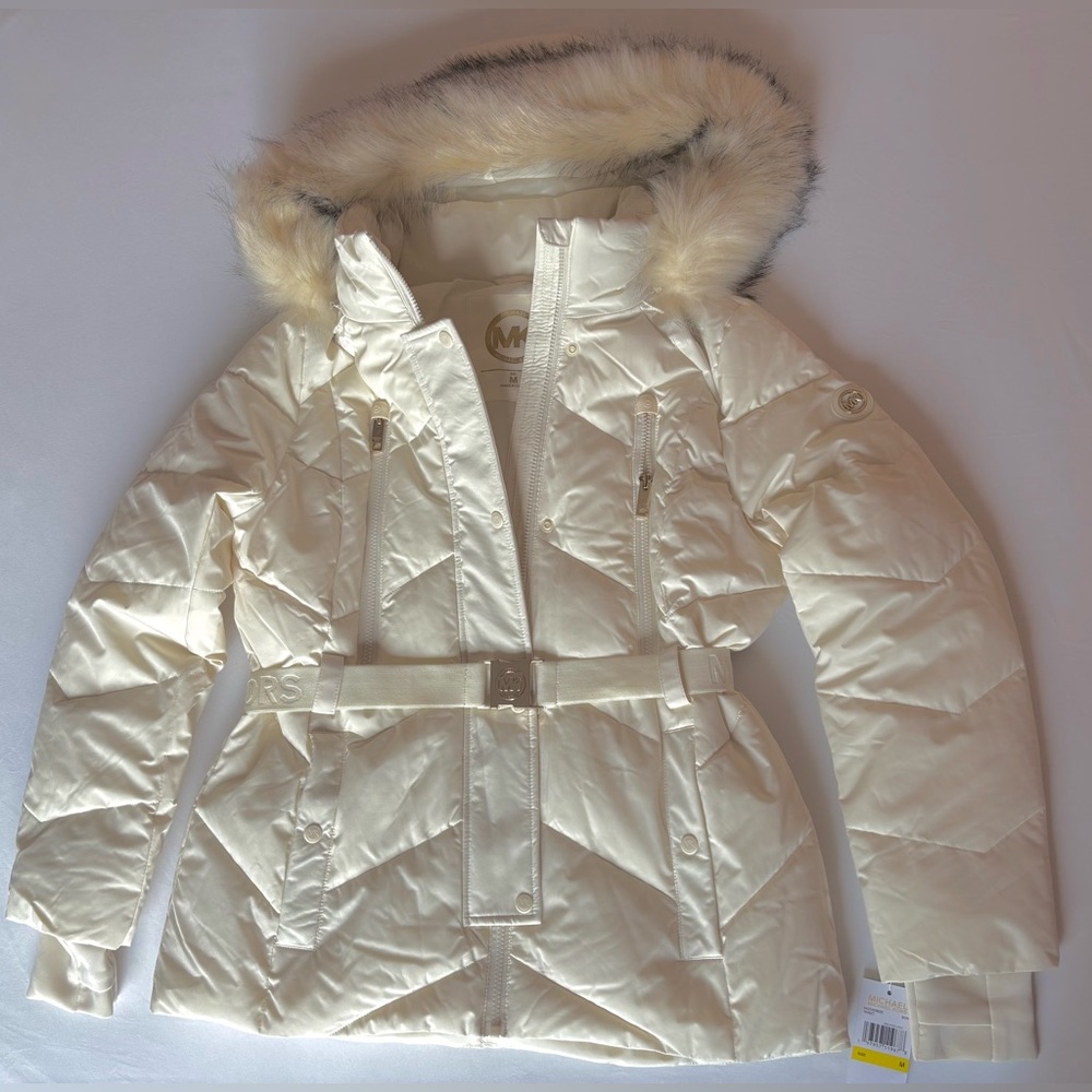 Michael Kors 💅❄️ Bone White Coat Belted MK Jacket Plush Fur Hood NWT $280 - Picture 4 of 13